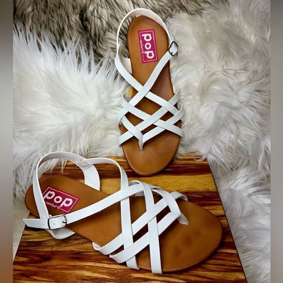 POP Womens Sandals Size 8M White Strap Thong Adjustable Buckle Flaw New With Tag - Picture 1 of 9